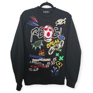 Rebel Minds Mens Small Crewneck Streetwear Black Sweatshirt Break Crow Graffiti